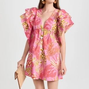 Farm Rio Mixed Lobsters Ruffle-Sleeve Buttondown dress